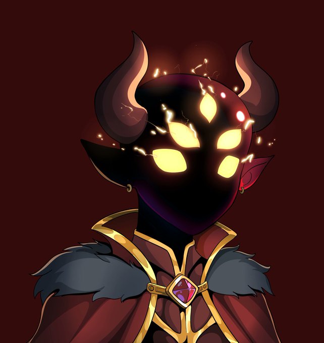 An illustration of a dark figure with multiple glowing yellow eyes and large horns, wearing a red cloak with gold trim and a gemstone brooch.
