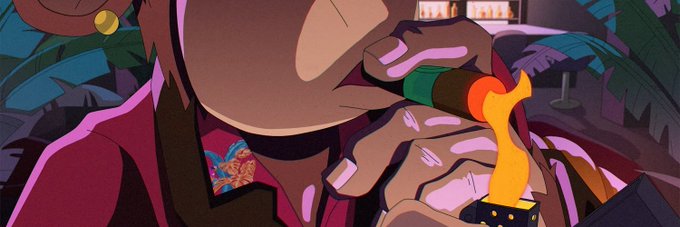 A close-up anime illustration of a person with a gold earring lighting a lighter to create a flame, wearing a red patterned shirt.
