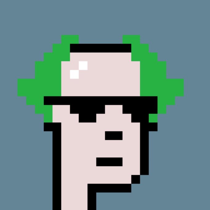 A pixel art illustration depicts a simplified figure with green hair, black sunglasses, and a neutral expression against a solid gray background.