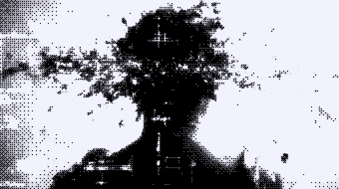 A heavily pixelated, distorted black-and-white image with glitch effects, making the subject unidentifiable.