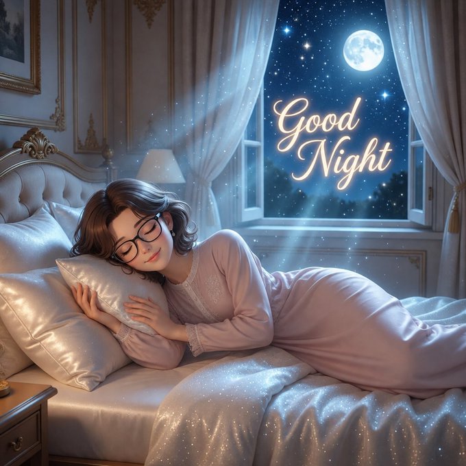A digital artwork of a bespectacled young woman peacefully sleeping in an ornate bed with white pillows, set against a window showing a starry night sky with a full moon and glowing 'Good Night' text.