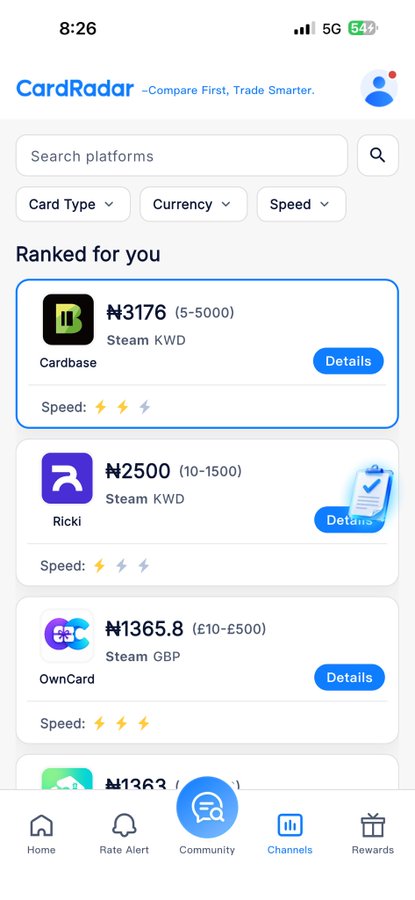The image shows the CardRadar mobile app displaying a "Ranked for you" section with gift card rate comparisons across multiple platforms, including Cardbase offering ₦3176 (5-5000) for Steam KWD, Ricki at ₦2500 (10-1500) for Steam KWD, and OwnCard at ₦1365.8 (£10-£500) for Steam GBP, illustrating how the app helps users compare rates across different platforms before trading gift cards.
