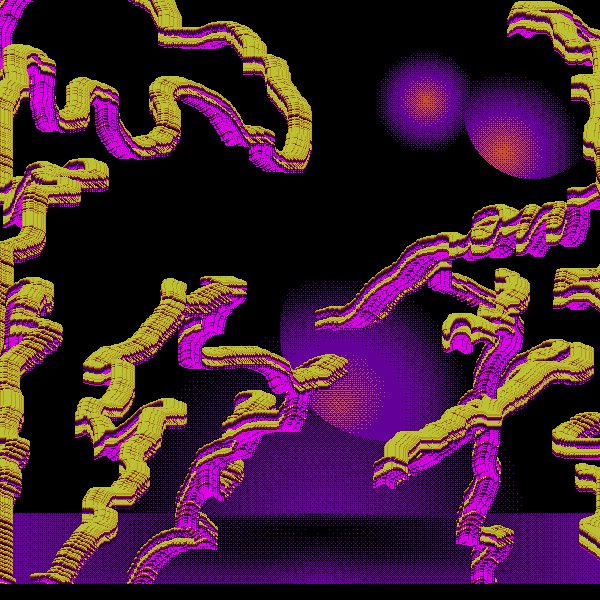 Abstract retro-style digital artwork featuring wavy yellow and magenta shapes with a dithered sun on a black background.
