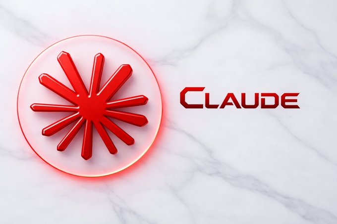 The Claude logo featuring a red asterisk-like symbol inside a glowing circle on a white marble background, with the word 'CLAUDE' in red text beside it.