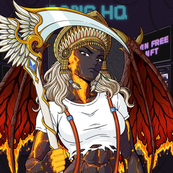 Anime/illustrated character depicting a dark-skinned angelic warrior with glowing magma cracks, red demon wings, and a white feathered wing, holding a large ornate sword, with '...HQ' and '...IN FREE NFT' signage in the background.