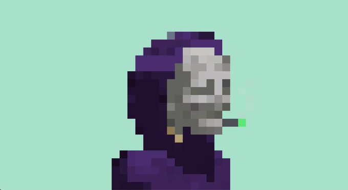 A pixel-art character in a purple hooded robe and skull mask smokes a cigarette against a solid light green background.