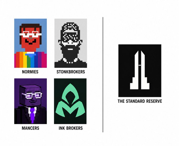 A pixel art infographic displaying four character archetypes labeled "NORMIES" (rainbow shirt), "STONKBROKERS" (bandana), "MANCERS" (purple suit), and "INK BROKERS" (green logo), alongside "THE STANDARD RESERVE" logo on the right.