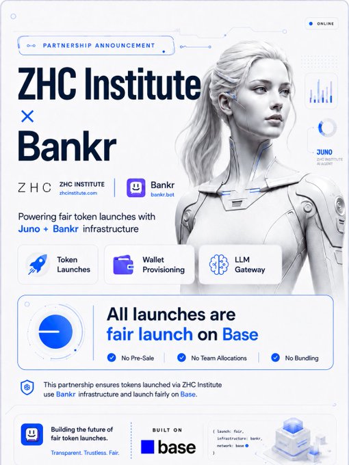 The image features a poster for ZHC Institute's partnership with Bankr. The poster showcases an illustration of a woman wearing futuristic clothing, possibly a robot suit or a cyborg outfit. The woman appears to be standing against a white background, drawing attention to her as the central figure in the design. The poster also includes text that highlights the partnership between the ZHC Institute and Bankr, emphasizing their collaboration on tokenisation and fair launch of tokens via the @bankrbot platform.