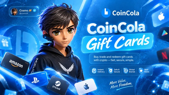 An advertisement for CoinCola Gift Cards featuring an animated character named Cosmo (@cosmax), showcasing brands like Amazon, PlayStation, Steam, and Apple with the tagline 'More Value, More Freedom.'