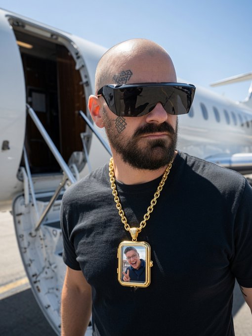 A bald, bearded man wearing large reflective sunglasses and a thick gold chain stands in front of a private jet, displaying a gold-framed pendant that features a photo of himself making an exaggerated expression. The caption "heading out to the eurozone @FrauShitcoinz has everything under control while im gone" aligns with the image, which visually reinforces his departure by showing him boarding a private aircraft while leaving the goofy "backup" version of himself back home in the locket.
