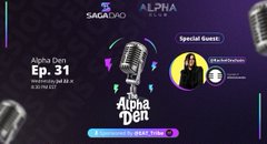 A podcast cover for 'Alpha & Deli' Episode 31 featuring SAGAGRIKHO and ALPHA, with a 'Special Guest' section and microphone graphics on a purple background.