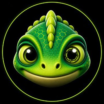 A 3D-rendered cartoon green chameleon or lizard character with large expressive eyes and scaly skin, set against a dark background within a green circular border.