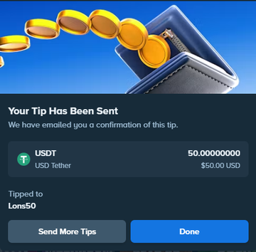 A screen showing a successful tip transaction of 50.00000000 USDT ($50.00 USD) sent to user @Lons50, confirming one of the four $50 crypto tips mentioned in the post.