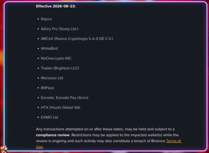 A dark screen with a neon border displaying a list of cryptocurrency companies effective '2026-08-23', including Rapira, Aifory Pro, ABCeX, WhiteBird, NoOnecrypto INC., Tradex, Monease Ltd, BitPapa, Exnode, HTX, and EXMO Ltd, along with a Binance compliance review notice.