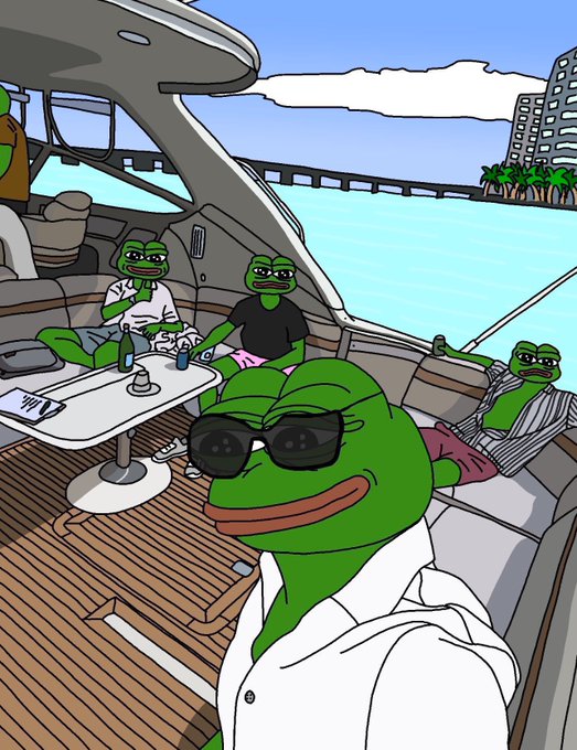 An illustrated image of multiple Pepe the Frog characters relaxing on a yacht, with one prominently in the foreground wearing sunglasses and a white shirt.