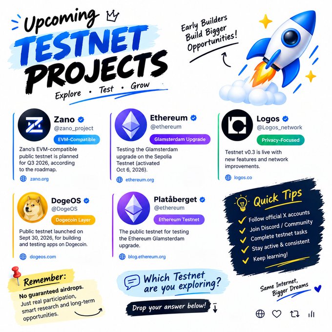 An infographic titled 'Upcoming TESTNET PROJECTS' featuring crypto projects Zano (EVM-Compatible), Ethereum (Glamsterdam Upgrade), Logos (Privacy-Focused), DogeOS (Dogecoin Layer), and Plâtäberget, along with quick tips for participating and a note that there are no guaranteed airdrops.