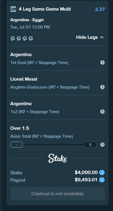 A screenshot of a Stake sports betting slip showing a 4-leg Same Game Multi on the Argentina vs. Egypt match, with selections including Argentina 1st Goal, Lionel Messi as Anytime Goalscorer, Argentina 1x2, and Over 1.5 Asian Total—staked at $4,000 for a potential payout of $9,493.01. The image likely relates to the post by showcasing a high-stakes multi-bet lock, contrasting with the more modest $150 unit size mentioned in the accompanying caption.