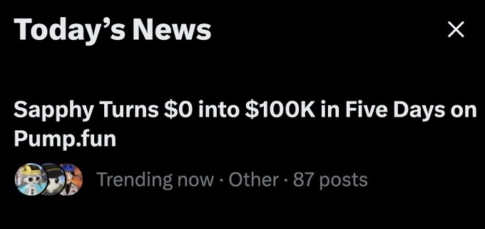 This image shows a news headline: "Sapphy Turns $0 into $100K in Five Days on Pump.fun". This relates to the post because the user is implying they asked Sapphy how they achieved this, and Sapphy responded by saying "i just trade the coins."