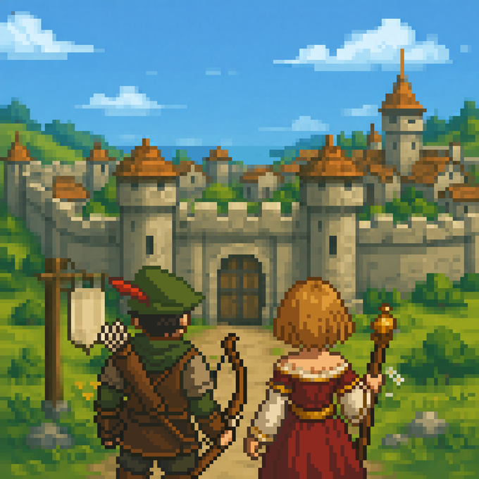 A pixel art scene showing a forest ranger with a bow and a mage with a staff standing before a medieval stone castle, which is accompanied by a post announcing a "Quivers" NFT mint on July 22nd, where 2,222 items will leave the forest to find new keepers.