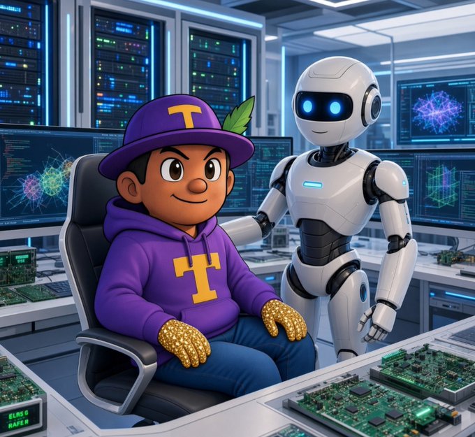 A 3D cartoon-style illustration of a young person in a purple hoodie and cap sitting next to a white humanoid robot in a high-tech server room with circuit boards.