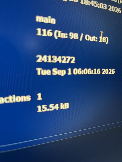 A close-up of a computer screen displaying text including 'main', '116 (In: 98 / Out: 18)', '24134272', 'Tue Sep 1 06:06:16 2026', 'actions 1', and '15.54 kB'.