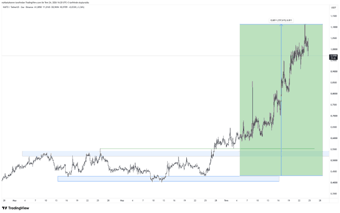 This is a TradingView chart of KAITO/TetherUS on Binance, showing significant price growth from around 0.4 to over 1.1, highlighting a nearly 2.5x increase in value. The chart illustrates the sustained upward trend of KAITO, referred to as "Kaito's son" in the post, which contrasts with the general market drop.