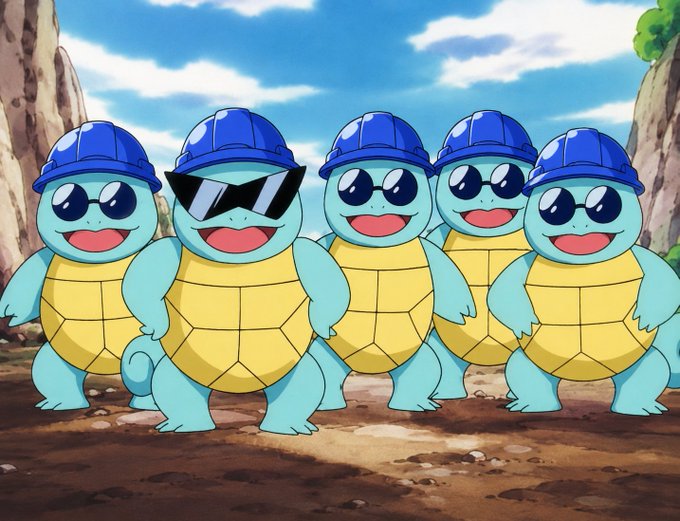 Anime-style illustration of five Squirtle Pokémon wearing blue construction hats, with one sporting sunglasses, standing together on a dirt path.