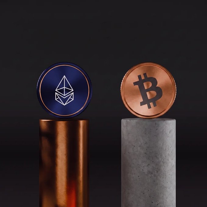A Bitcoin coin and an Ethereum coin are displayed side-by-side on pedestals, symbolizing the transition from custodial accounts to independent crypto holdings, as suggested by the "Liquid BTC vault" post.