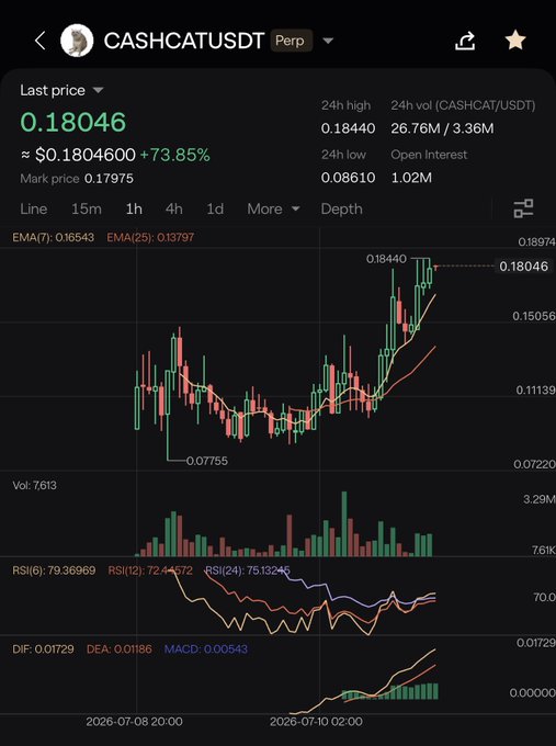 A cryptocurrency trading chart for the CASHCATUSDT perpetual pair, showing a last price of 0.18046, a +73.85% increase, and various technical indicators like RSI and MACD.