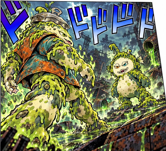 An anime-style illustration depicts two characters covered in green slime or algae in a post-apocalyptic industrial setting, with blue Japanese katakana sound effect text reading 'ドドドド' (dodododo).