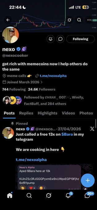 A Twitter/X profile screenshot for 'nexo' (@nexocooker), a verified account with 24.6K followers, featuring a pinned tweet about a 'free 13x on $Bara' call and a meme coin call service called 'Nexo's Alpha'.