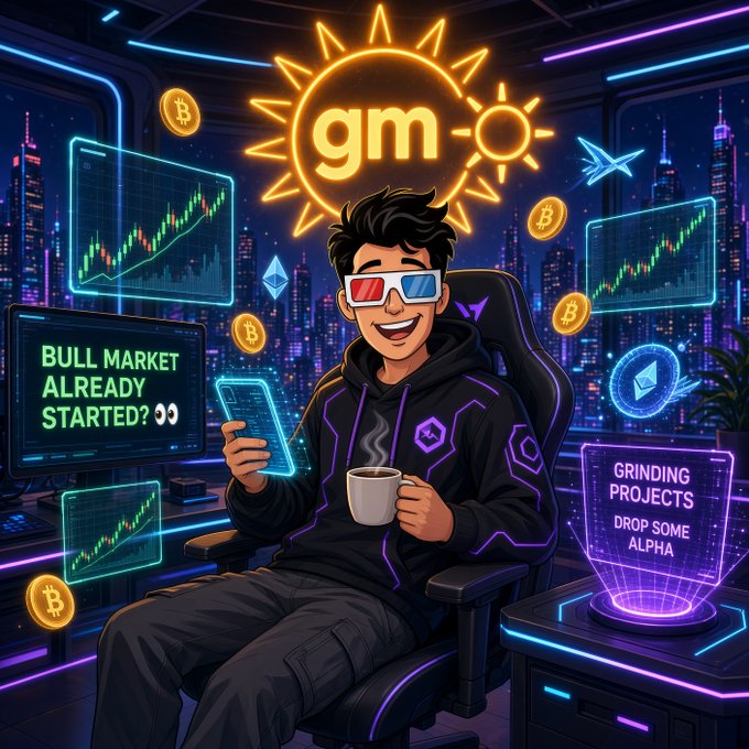 A cartoon-style crypto trader wearing 3D glasses sits in a neon-lit setup surrounded by Bitcoin coins and trading charts, holding a phone and coffee mug beneath a glowing "gm" sun logo, with screens reading "BULL MARKET ALREADY STARTED? 👀" and "GRINDING PROJECTS - DROP SOME ALPHA."