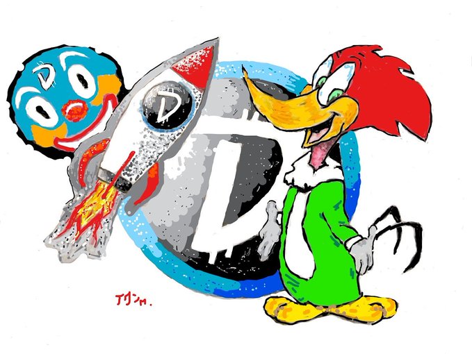 A cartoon illustration featuring a character resembling Woody Woodpecker standing next to a rocket and a Thomas the Tank Engine face, with a large letter 'D' in a blue circle in the background.