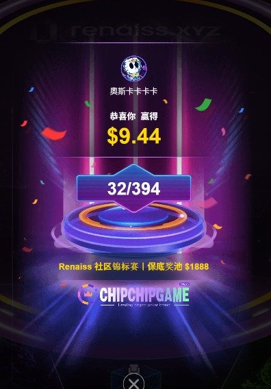 A Chinese mobile game screen showing a $9.44 prize win from a chip game on the Renaiss.xyz platform, displaying 32/394 progress and $1888 jackpot pool.