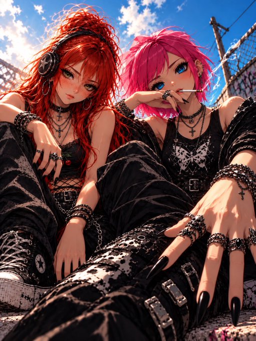 An anime-style illustration of two girls with red and pink hair, wearing black gothic clothing with chains and butterfly accessories, sitting outdoors with a chain-link fence behind them.