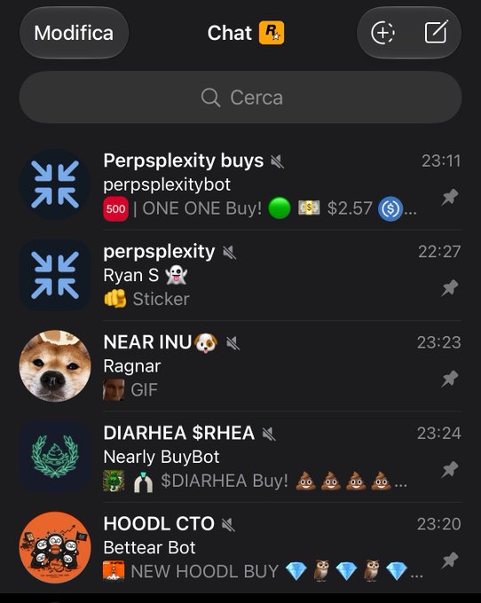 A Telegram chat list in Italian showing crypto-related bots including 'Perpsplexity buys', 'NEAR INU', 'DIARHEA $RHEA', and 'HOODL CTO' with various stickers and GIFs.