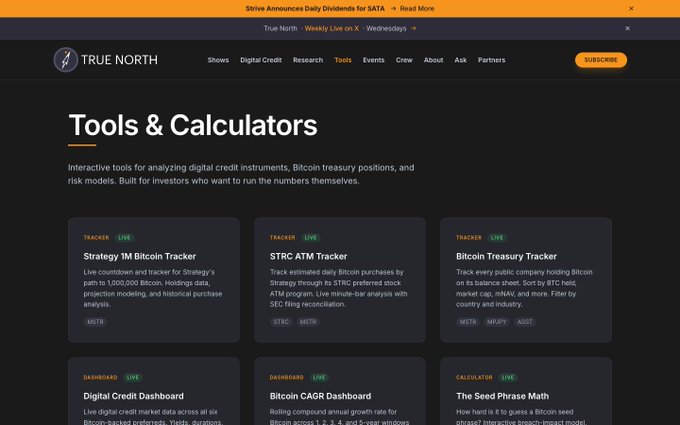 Screenshot of the True North 'Tools & Calculators' webpage, featuring trackers like Strategy 1M Bitcoin Tracker, STRC ATM Tracker, and Bitcoin Treasury Tracker with MSTR/MSTR/STRC tickers.