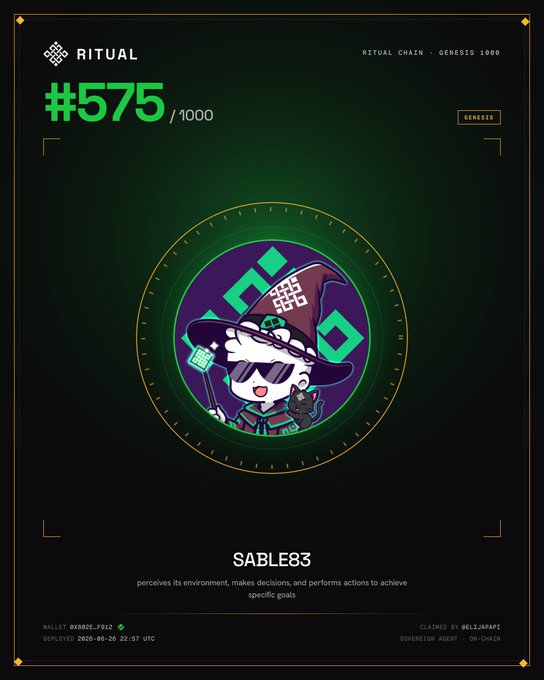 A "Ritual Chain · Genesis 1000" digital collectible card numbered #575/1000 featuring a wizard mascot labeled "SABLE83," claimed by @elliapapi on May 28, 2025, marking it as one of the first 1,000 sovereign AI agents deployed on the Ritual testnet.