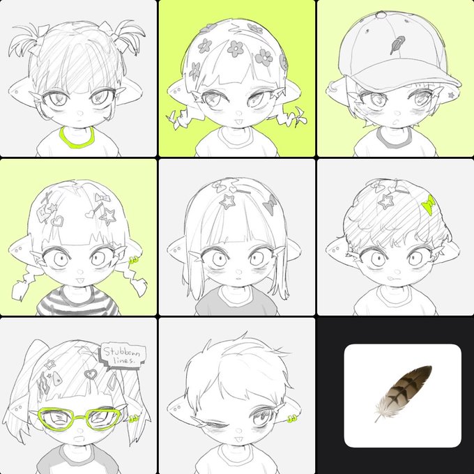 A grid of eight character sketches featuring various hairstyles, hats, and accessories in a cute chibi art style, alongside a separate panel showing a brown feather with a checkmark indicating ownership—consistent with the artist's announcement of their first Robinhood chain NFT.