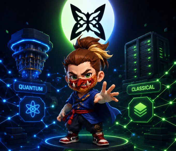 A stylized digital illustration of a cartoon martial artist character with a face mask, standing in front of a glowing green butterfly emblem, flanked by 'QUANTUM' (with atom symbol) and 'CLASSICAL' (with stacked layers symbol) labels amid server hardware imagery.