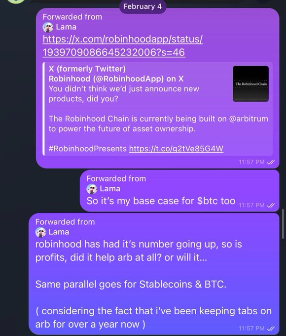 Telegram message thread from February 4 forwarded from 'Lama' discussing Robinhood Chain being built on Arbitrum and its implications for BTC and stablecoins arbitrage.