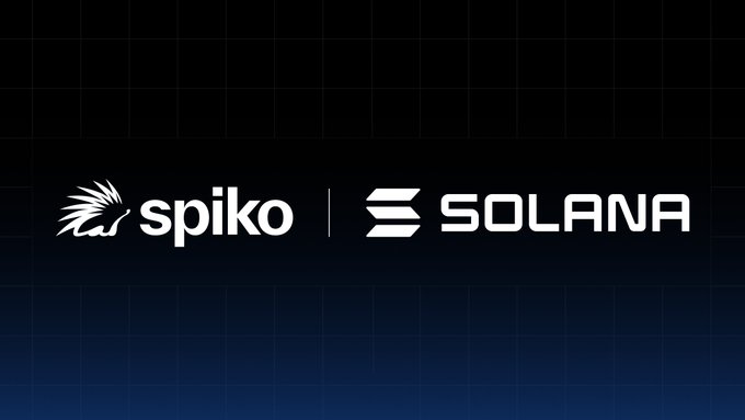 The image displays the Spiko and Solana logos side by side on a dark blue grid background, visually representing the announcement that Spiko's tokenized funds are now live on the Solana blockchain, enabling native minting, transfers, and redemptions settled in Circle's stablecoins.