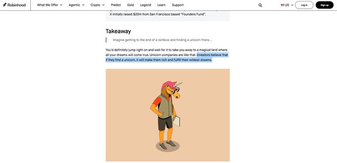 A Robinhood webpage about 'Takeaway' featuring an illustration of a person in a unicorn mask holding a laptop, with text discussing investment hype.