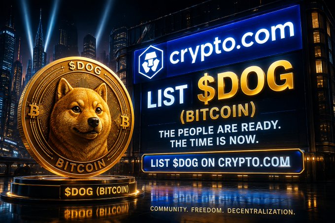 A promotional banner showing a golden '$DOG (BITCOIN)' coin with a Shiba Inu face on a city street, with neon signs reading 'LIST $DOG (BITCOIN) ON CRYPTO.COM', 'THE PEOPLE ARE READY. THE TIME IS NOW.', and 'COMMUNITY. FREEDOM. DECENTRALIZATION'.