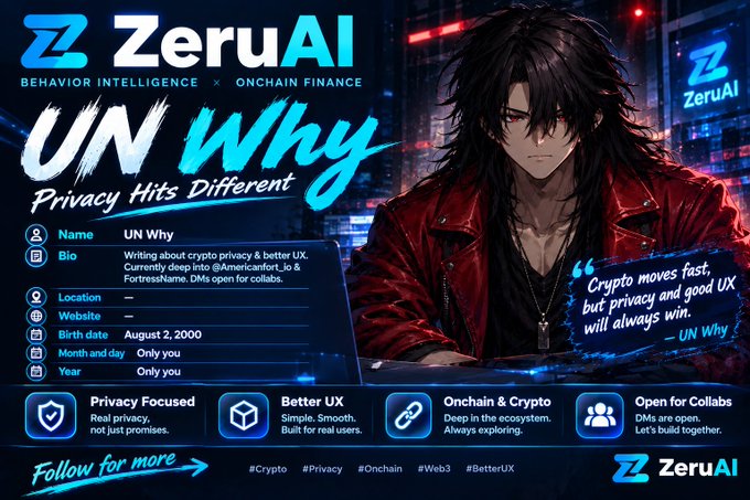 A promotional banner for ZeruAI features an anime-style character and a profile for 'UN Why,' describing them as a writer focused on crypto privacy and better UX.