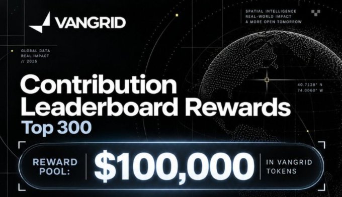 A promotional graphic for 'VANGRID Contribution Leaderboard Rewards' showing a reward pool of $100,000 in VANGRID tokens for the Top 300 contributors, set against a dark background with a digital globe.