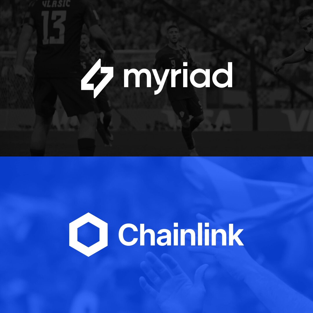 The image features a logo with two different colors - blue and white. The blue background has a soccer ball and players, while the white background shows a person's hands holding a soccer ball. Below these images, there are two lines of text that read "Myrid" and "Chainslink". These words appear to be related to the FIFA World Cup, as suggested by the post.