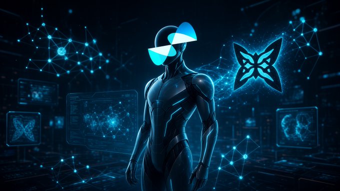 Futuristic digital artwork of a sleek black humanoid figure with glowing blue butterfly-shaped eyes, surrounded by blue networked data screens.