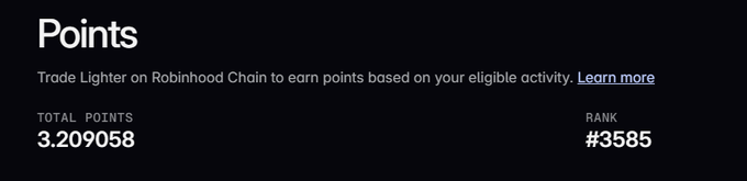A Robinhood Chain points dashboard showing a total of 3.209058 points and a rank of #3585, which the accompanying post cites as the weekly progress update from a $100 airdrop farming challenge using a delta neutral strategy on Variational.
