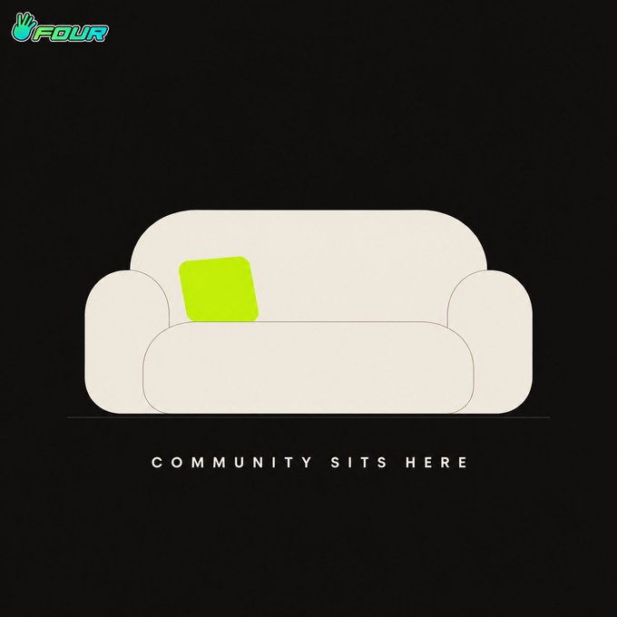 A minimalist digital illustration on a black background depicting a cream-colored sofa with a single yellow-green pillow, with the text 'COMMUNITY SITS HERE' below it and a 'FOUR' logo in the corner.